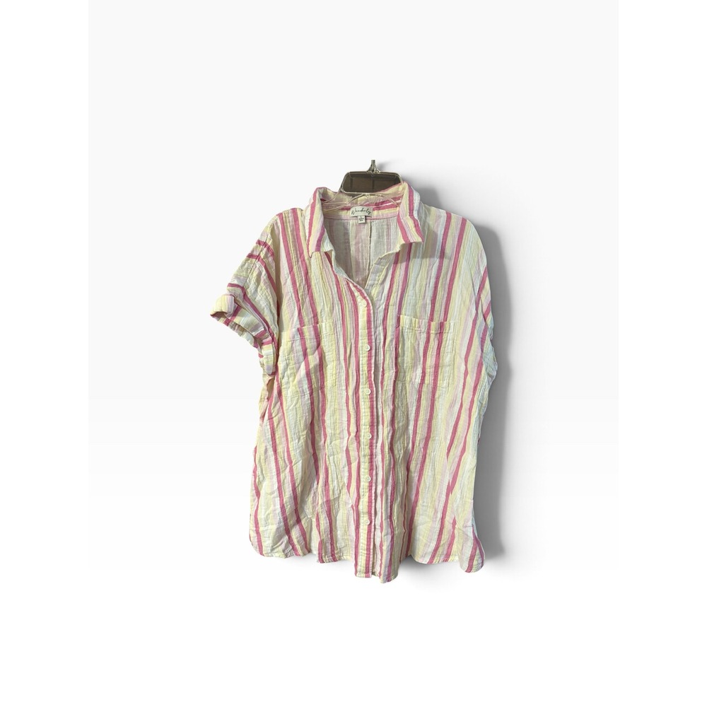 Wonderly Womens Large Pink Yellow Striped Gauze Button Down Short Sleeve Shirt